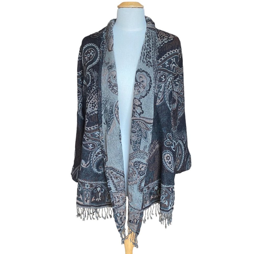 Soft Surroundings Wool Paisley Tapestry Cardigan Gray Boho Fringe -M - Picture 14 of 14